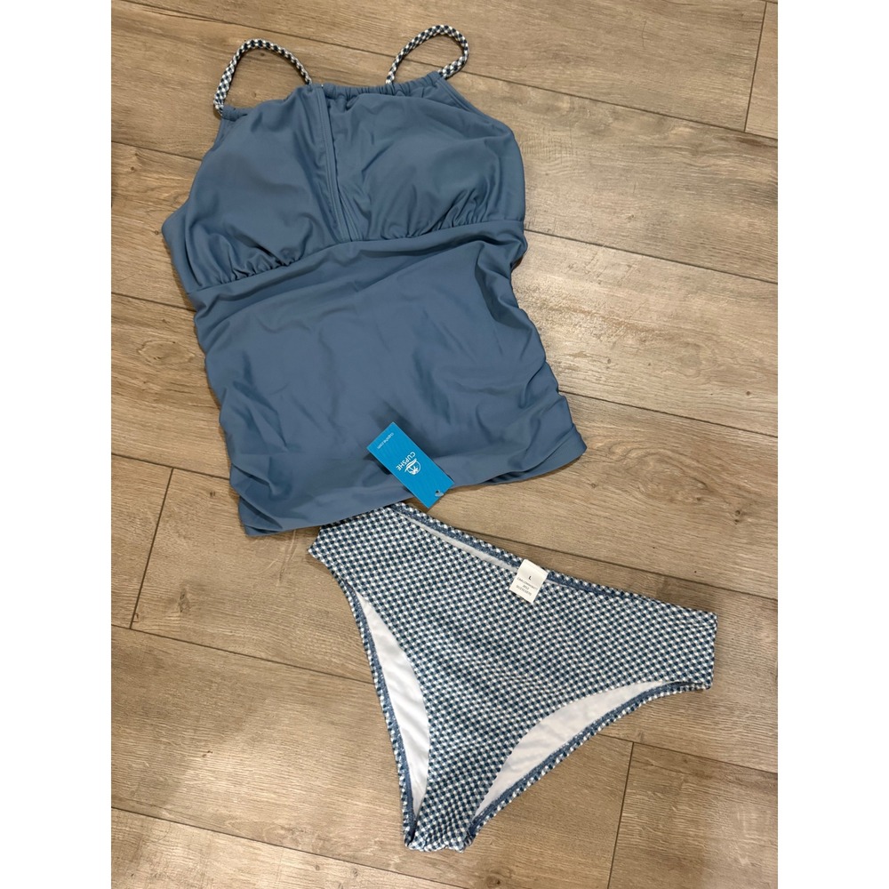 Cupshe Blue Tankini Set High Neck Ruched Top Gingham Bottoms L CAA12D4M084TT